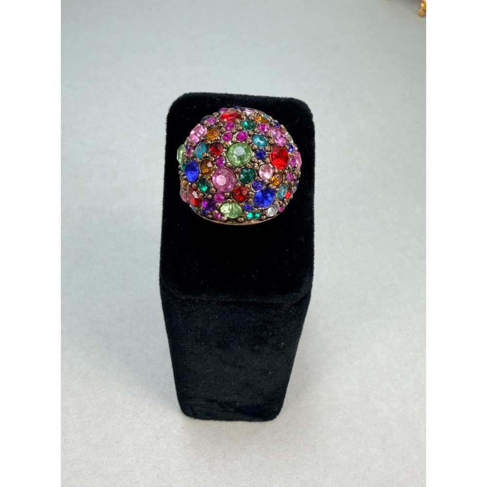 Multicolor Crystal Rhinestone Dome Ring Antique Gold Tone Statement Cocktail 6.5